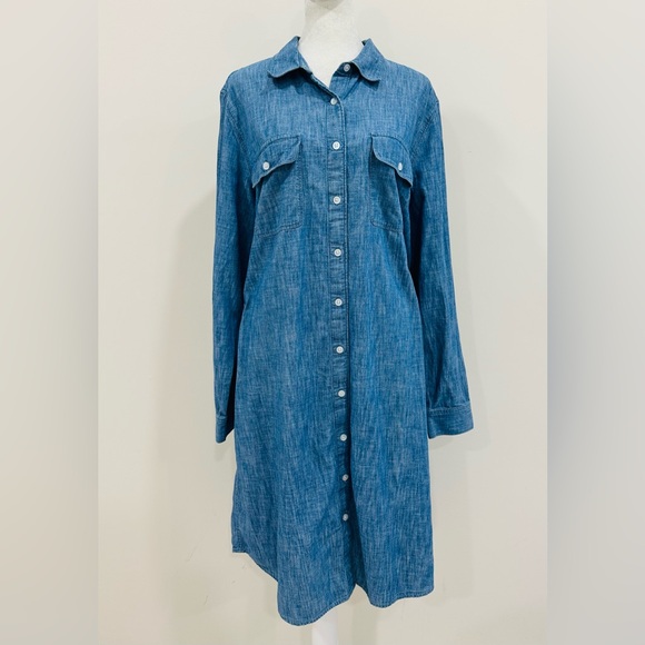 Lands End Shirt Dress Womens Sz 18 Blue Denim Button Down Pockets Modest Casual - Picture 1 of 8